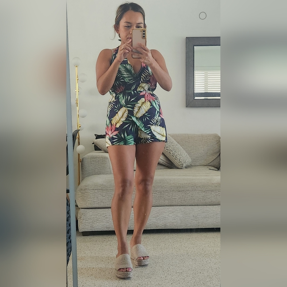 Penelope palm front wrap romper navy